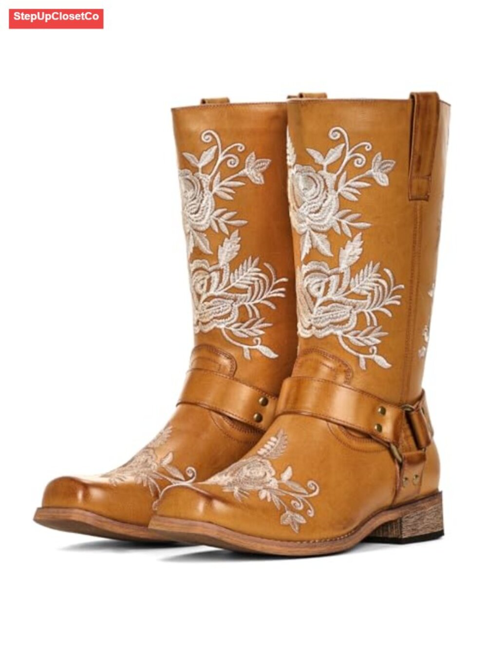 Wesboot Women's Square Toe Mid Calf Cowgirl Boots with Floral Embroidery &